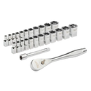 Juego de trinquete con boca de 1/4" y cubos SAE, 25 piezas con CUATRO CARAS PLANAS