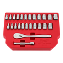 Juego de trinquete con boca de 1/4" y cubos SAE, 25 piezas con CUATRO CARAS PLANAS