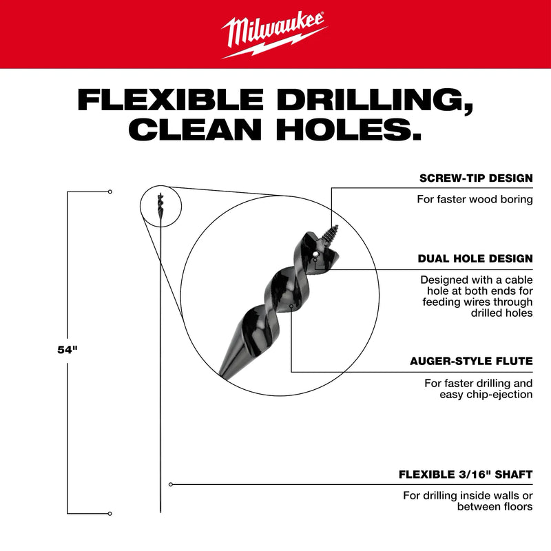 Broca de barrena para cableados de 3/8” x 54" de MILWAUKEE®